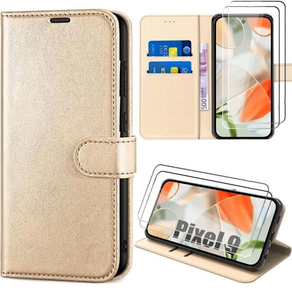 Fodral + 2 härdade glasögon för Google Pixel 9 - Stötsäker guldflipfodral i syntetiskt läder med korthållare