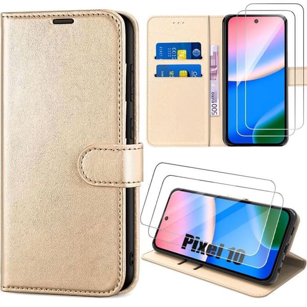 Fällbart Skal - E.F.Connection - för Google Pixel 10 - Stötsäkert Syntetiskt Läder Guld - 2 Härdat Glas gyllene