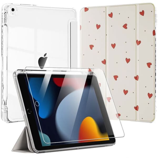 Coque + Härdat Glas - E.F.Connection - för iPad 10,2" - Stöttålig - Stöd - Röda Hjärta vit röd