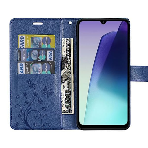Coque + 2 Skärmskydd för Xiaomi Redmi 14C, Anti-repschockskydd i konstläder med marineblå fjärilsdesign marinblå