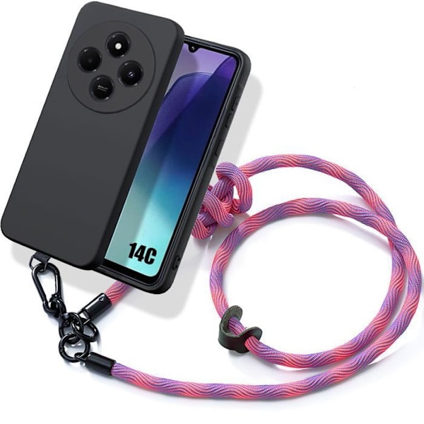 Coque för Xiaomi Redmi 14C - Svart Silikon Slitstark med Avtagbart Rosa Snöre Svart ros