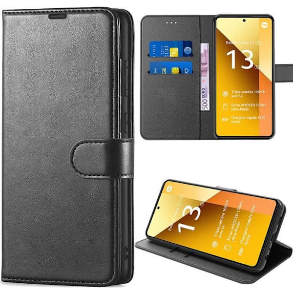 Coque - Xiaomi - Redmi Note 13 5G - Stötsäker - PU-läder - Flerpositionsstöd Svart