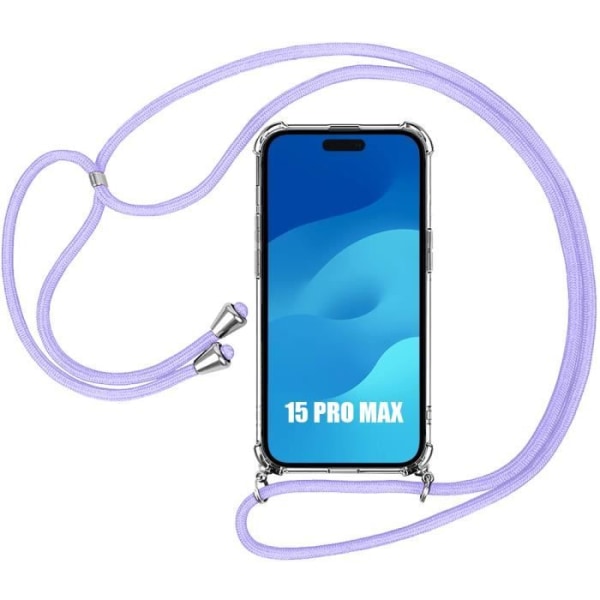 Axelremsfodral för iPhone 15 Pro Max - Anti-skrapa mjukt silikonskydd + lila axelrem