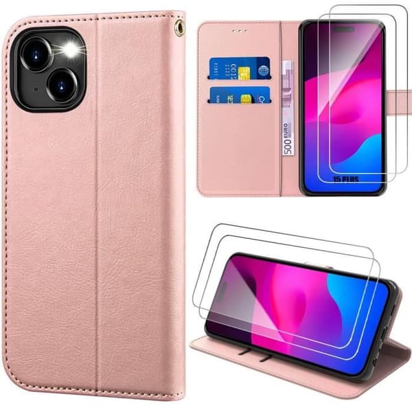 Coque plånbok - E.F.CONNECTION - för iPhone 15 Plus - Rosa läderlook - 2 härdat glas - Magnetisk stängning Rosa