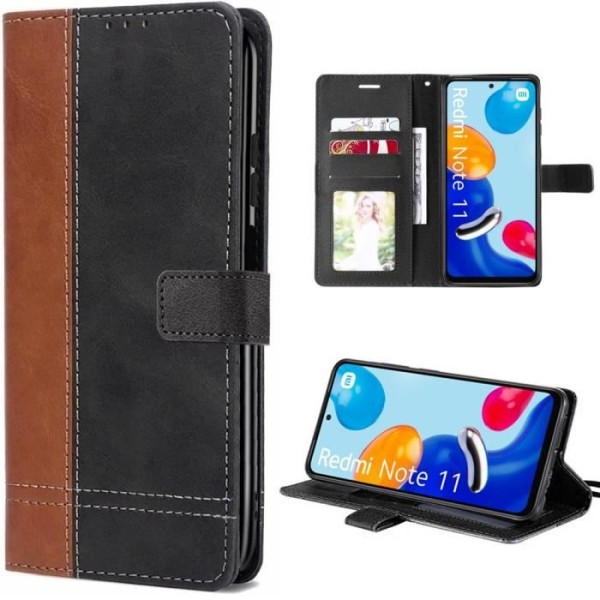 Etui til Xiaomi Redmi Note 11 Flip-etui Syntetisk læder Brun-Sort Tofarvet