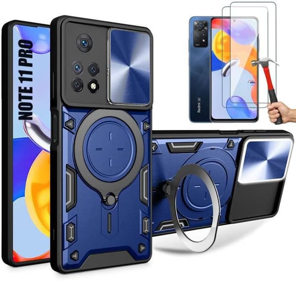 Coque - E.F.CONNECTION - För Xiaomi Redmi Note 11 Pro - Hård - 2 Härdat Glas - Marinblå Stålringsstöd marinblå
