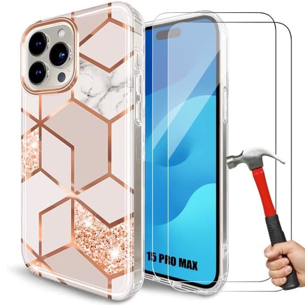 Coque - E.F.CONNECTION - för iPhone 15 Pro Max - Marmor Mönster - Silikon - 2 Härdat Glas Rosa