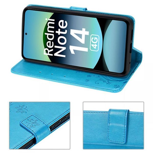 Coque + 2 Härdat glas för Xiaomi Redmi Note 14 4G (inte för 5G) Skydd i konstläder Blått med fjärilsmönster och blommor Blå
