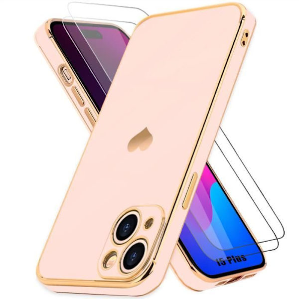 Skal för iPhone 15 Plus - Stötabsorberande - Rosa - Hjärtmönster - 2 Härdade Glas Ingår Rosa