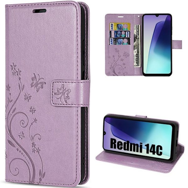 Coque til Xiaomi Redmi 14C, Bælgbeskyttelse i syntetisk læder, stødabsorberende violet med sommerfuglemønster Lila