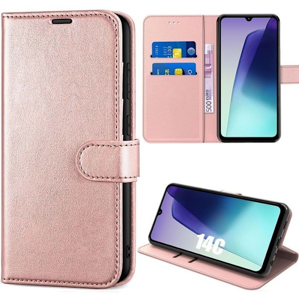 Coque för Xiaomi Redmi 14C, Anti-Rip Skydd 360 Grad PU Läder Rosa Rosa