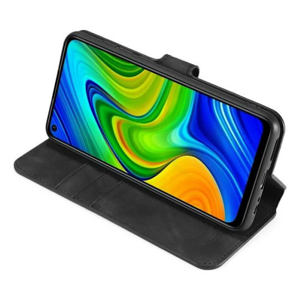 Fodral - Xiaomi - Redmi Note 9 - Premium läder - Horisontellt stöd - Magnetlås Svart