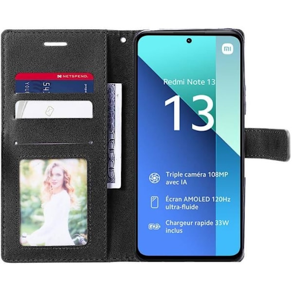 Fodral till Xiaomi Redmi Note 13 4G (ej för 5G) Anti-Scratch 360 graders skydd PU Läder Svart