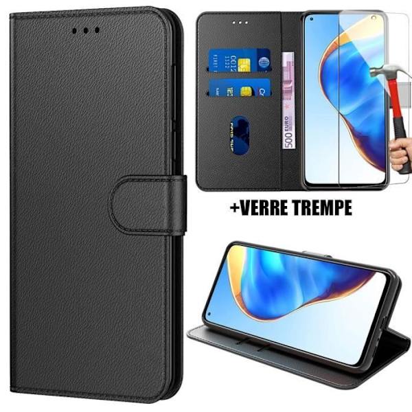 Fodral för Xiaomi Mi10T (6,67") Inkluderar 2 härdade glasögon Lädereffekt foliehållare Great Intense Protection Black Svart