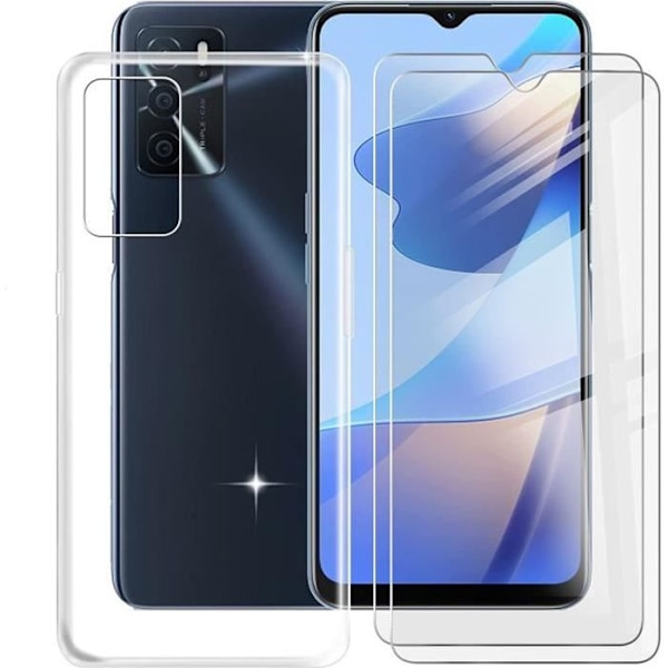 Fodral för Oppo A16/A55 5G/A54 4G/A53S 5G 6,52" Transparent fodral + 2Pack härdat glas, mjukt silikonskyddande stötfångare TPU-fodral