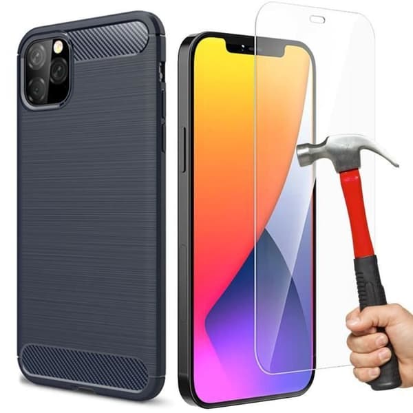 Coque + Härdat Glas - E.F.CONNECTION - för iPhone 12 Pro - Mjuk - Stöttålig - Marinblå marinblå