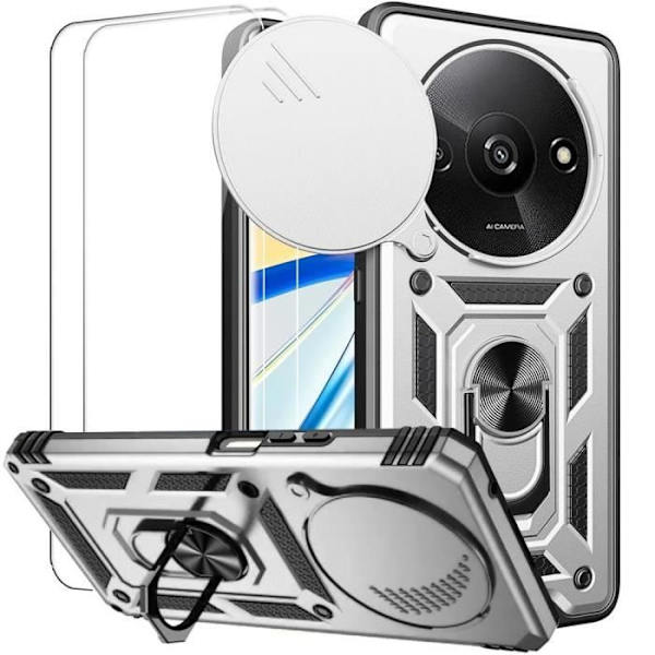 Coque til Xiaomi Redmi A3 - Sølv - Stødabsorberende - PC + TPU - Kamerabeskyttelse - Drejelig understøttelse Silver