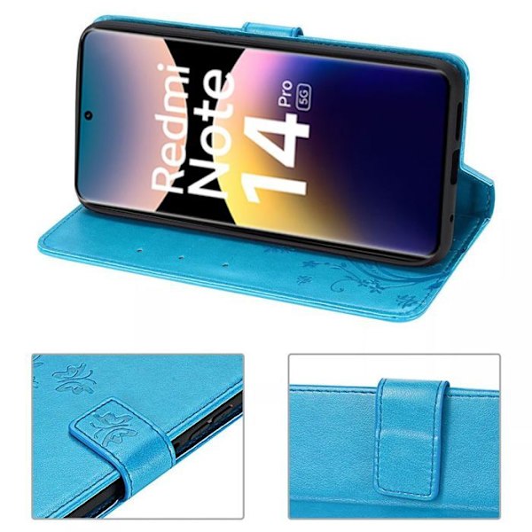 Coque och 2 Fuktiga Glas för Xiaomi Redmi Note 14 Pro 5G (inte för 4G) Skydd i Syntetisk Läder Blå Fjärilsdesign Blå