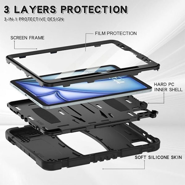 Skyddsfodral för iPad Air 11 Tum (2024/2025) / iPad Air 4/5 10.9 Tum - 360° Hård Slagtålig Skydd med Stöd Svart Svart