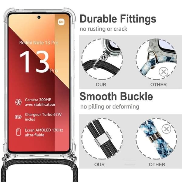 Coque Cordon För Xiaomi Redmi Note 13 Pro 4G - Stötabsorberande Skydd - Transparent Silikon - Lila Snodd Lila