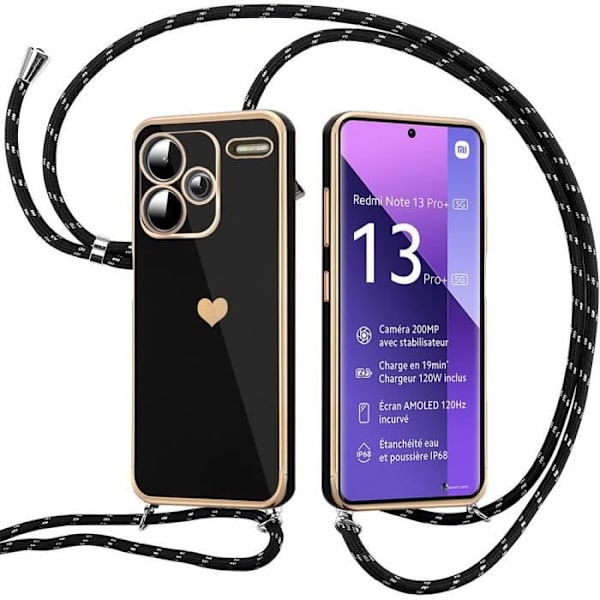 Lanyard-etui til Xiaomi Redmi Note 13 Pro+ 5G - Note 13 Pro Plus 5G, stødsikker TPU, hjertemønster, sort Svart