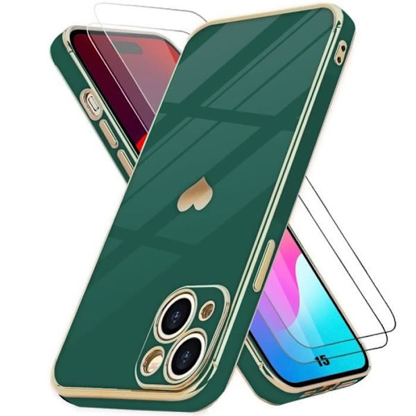 Fodral till iPhone 15 Midnight Green Heart Pattern Anti-Scratch Mjuk TPU + 2 härdade glasögon