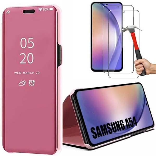 Fodral + 2 härdade glasögon till Samsung Galaxy A54 - Clear View Stötsäkert skydd Rosa Rosa