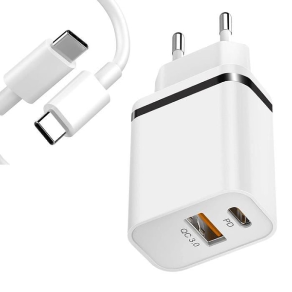 2-portars USB-C och USB-A snabb väggladdare + 1M USB-C-kabel för realme C25Y 21Y C21 C20 C11 Vit