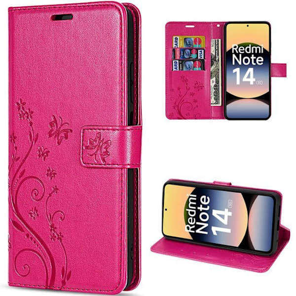 Coque för Xiaomi Redmi Note 14 5G (inte för 4G) Stötskydd Syntetisk Läder Blommönster Fjäril - Fuchsia Fuchsia