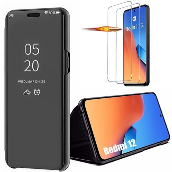 Coque + Härdat Glas - Clear View - Xiaomi Redmi 12 5G-4G - Svart - Stötproof - Förstärkt Skydd Svart