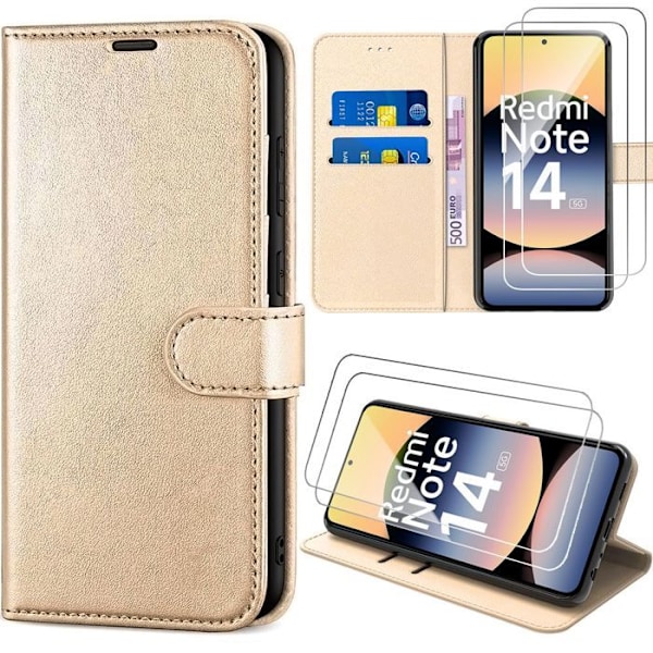 Coque + 2 Glas med Härdat Skydd för Xiaomi Redmi Note 14 5G (inte för 4G) Skydd mot Repor Syntetläder Guld gyllene