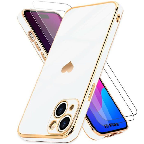 Silikonfodral för iPhone 15 Plus Vit Stötsäkert hjärtmönster + 2 skärmskydd i glas