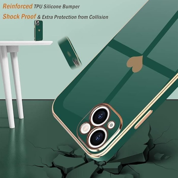 Fodral till iPhone 15 Midnight Green Heart Pattern Anti-Scratch Mjuk TPU + 2 härdade glasögon