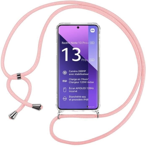 Etui til Xiaomi Redmi Note 13 Pro+ 5G - Note 13 Pro Plus 5G, forstærket stødsikker TPU med pink ledningshalskæde