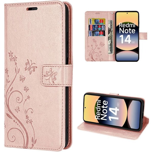 Coque til Xiaomi Redmi Note 14 5G (ikke til 4G) Beskyttelse Låget Stødabsorberende Syntetisk læder Motif Sommerfugl Rosa Rosa
