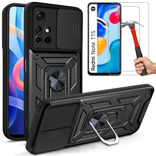 Pakke med 2 hærdet glas + etui til Redmi Note 11S (6") sort forstærket kant bagring Army Style stødsikker hård Svart