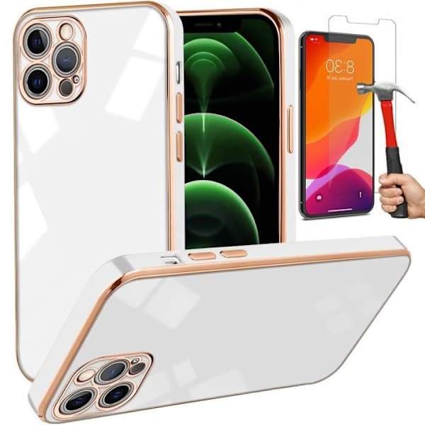 Etui til iPhone 12 Pro Max (6,7") hvid pakke 2 hærdede briller Luksus Anti-ridse Mode Blød Elegant guldkant Vit