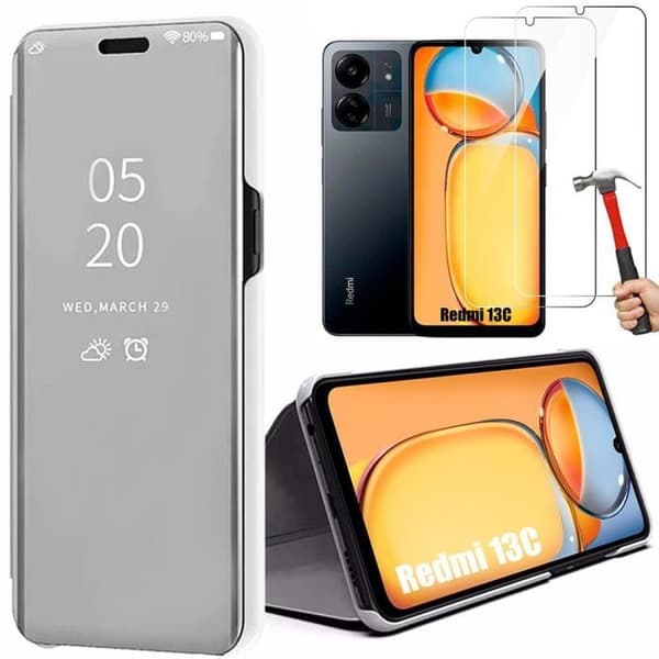 Coque - E.F.Connection - för Xiaomi Redmi 13C - Silver - Förstärkt skydd - Härdat glas - med 2 härdade glas Silver