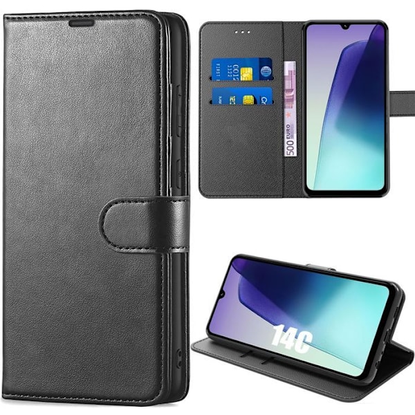 Coque för Xiaomi Redmi 14C - Skydd med läderflip i syntetmaterial, stötsäker svart Svart