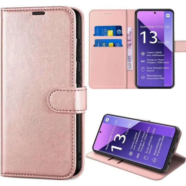 Fodral till Xiaomi Redmi Note 13 Pro+ 5G - Note 13 Pro Plus 5G, stötsäkert PU-läder och TPU med justerbart stativ - Rosa