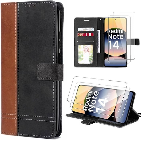 Skal + 2 Härdade Glas för Xiaomi Redmi Note 14 5G (inte för 4G) Skydd i Syntetisk Läder Stöttålig Brun/ Svart Brun svart