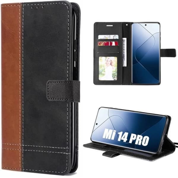 Coque - Xiaomi - 14 Pro - Bicolor PU Läder - Stötsäker TPU - Justerbart Stöd Brun svart