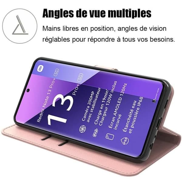 Coque - E.F.CONNECTION - För Xiaomi Redmi Note 13 Pro+ 5G - Stötresistent - PU- och TPU-läder - Justerbart stativ - Rosa Rosa