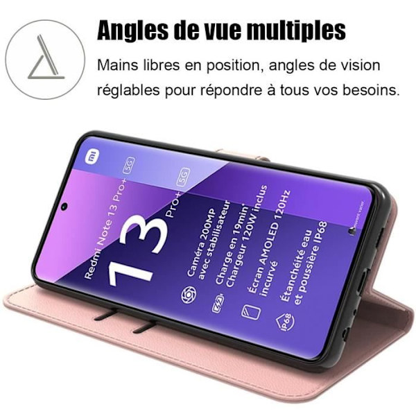 Fodral till Xiaomi Redmi Note 13 Pro+ 5G - Note 13 Pro Plus 5G, stötsäkert PU-läder och TPU med justerbart stativ - Rosa