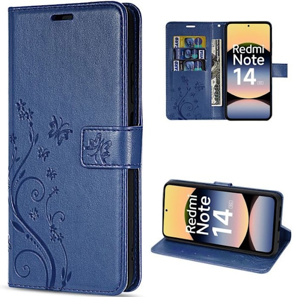 Coque för Xiaomi Redmi Note 14 5G (inte för 4G) Flip Case Syntetiskt Läder Mönster Upphöjd Blomma Fjäril - Mörkblå marinblå