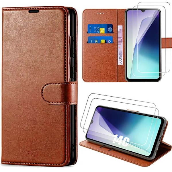 Skyddande skal - Xiaomi - Redmi 14C - Konstläder brun - 2 härdade glas - Stötsäker och repmotståndskraftig kastanj