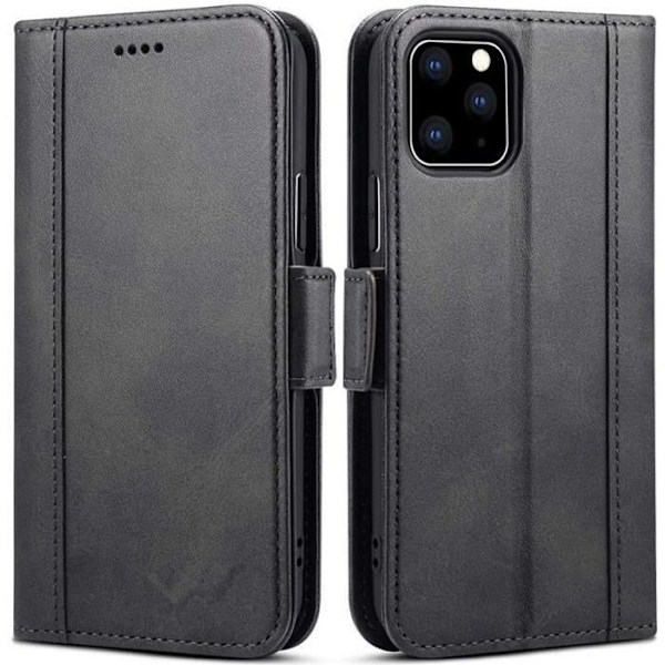 Coque Etui Rabat - E.F.CONNECTION - för iPhone 11 Pro Max - Syntetiskt Läder Svart - Härdat Glas - 360° Skydd Svart