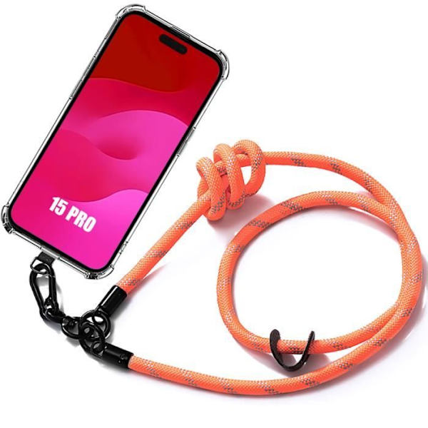 Crossbody-fodral för iPhone 15 Pro, stötsäkert repskydd med robust axelrem Orange