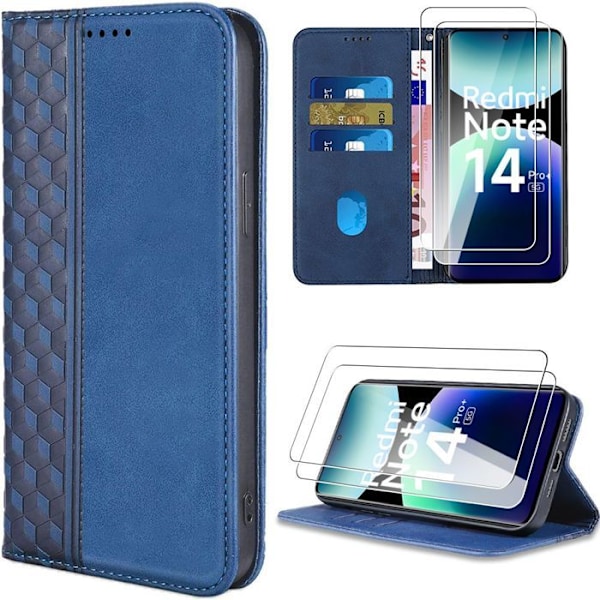 Coque + 2 Härdat Glas för Xiaomi Redmi Note 14 Pro Plus 5G/Note 14 Pro+ 5G, Marint Läder Effekt marinblå