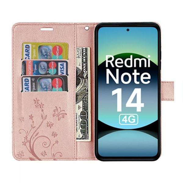 Coque och 2 Platta Glas för Xiaomi Redmi Note 14 4G (inte för 5G) Stötbeständig PU Läder Skydd Fjärilsmönster - Rosa Rosa